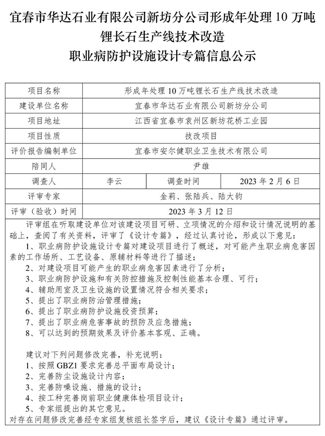 1678782136335681.jpg 宜春市華達(dá)石業(yè)有限公司新坊分公司形成年處理10萬(wàn)噸鋰長(zhǎng)石生產(chǎn)線(xiàn)技術(shù)改造職業(yè)病防護(hù)設(shè)施三同時(shí)工作公示信息(設(shè)計(jì)).jpg