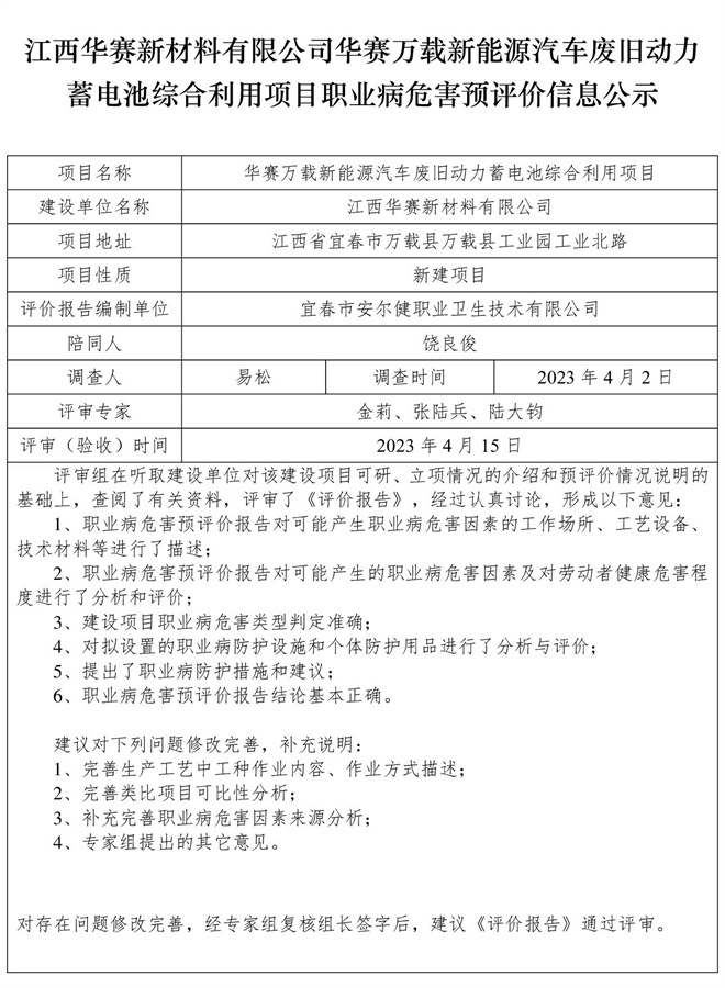 江西華賽新材料有限公司華賽萬(wàn)載新能源汽車(chē)廢舊動(dòng)力蓄電池綜合利用項(xiàng)目職業(yè)病危害預(yù)評(píng)價(jià)信息公示.jpg