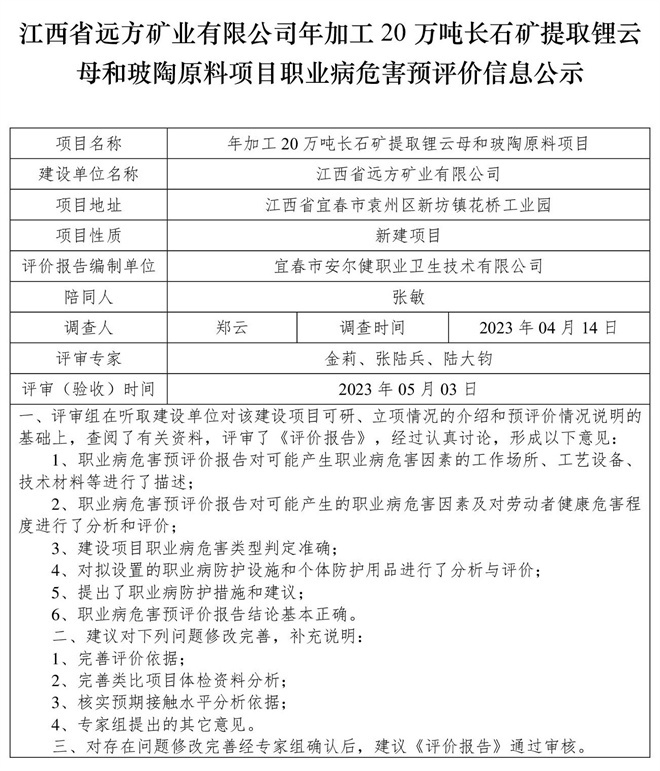 （預(yù)評價(jià)信息公示）江西省遠(yuǎn)方礦業(yè)有限公司年加工20萬噸長石礦提取鋰云母和玻陶原料項(xiàng)目職業(yè)病危害.jpg