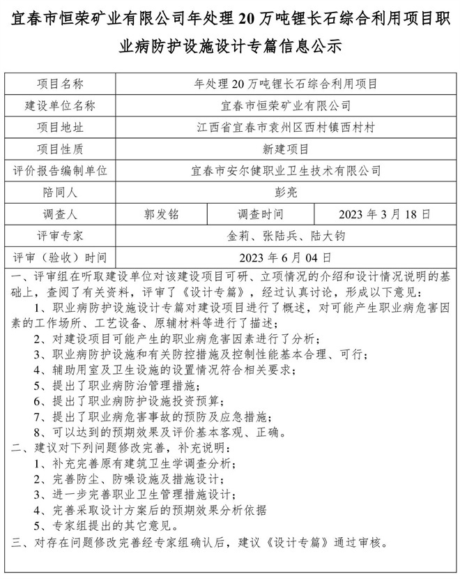 1686203104712507.jpg 宜春市恒榮礦業(yè)有限公司年處理20萬噸鋰長石綜合利用項目職業(yè)病防護設(shè)施設(shè)計專篇信息公示.jpg